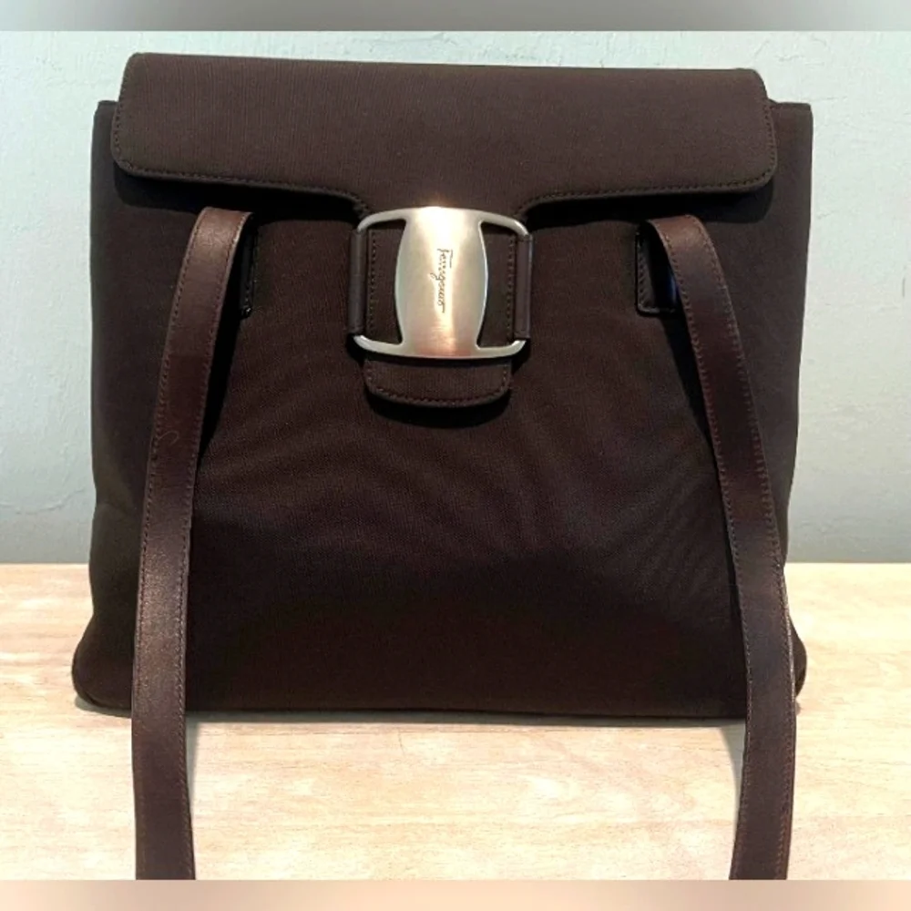 Luxurious Salvatore Ferragamo Vara Shoulder Bag in Dk Brown Nylon & Leat…